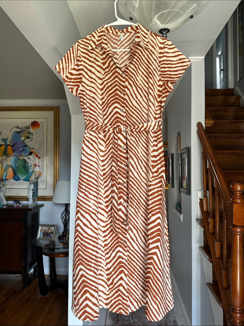 Lanidor Coral & White Zebra Midi Shirt Dress with Matching Tie Belt Sz M
